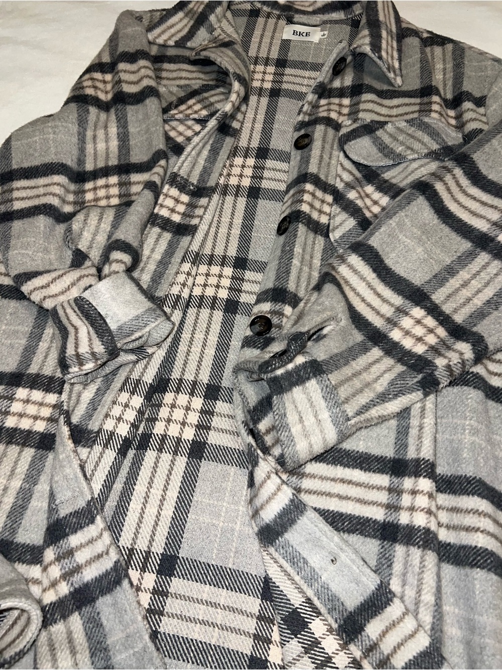 BKE Gray and Cream Plaid Lightweight Button-Up Coat